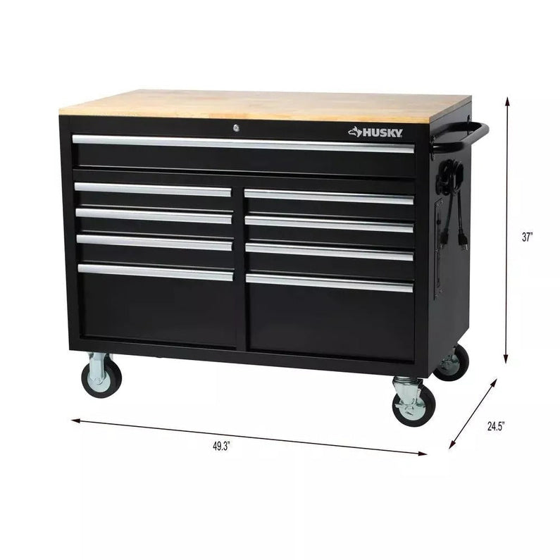 Gloss Black 46 9-Drawer Mobile Tool Chest Workbench with Power Strip & Solid Wood Top