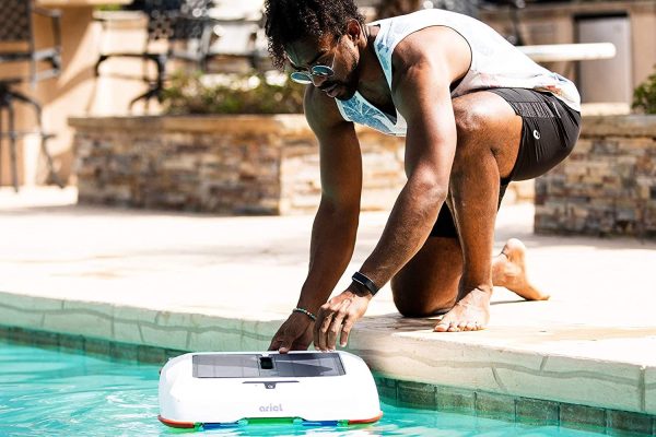 Solar Breeze Ariel Automatic Robot Solar Pool Skimmer with Easy to Empty Oversized Filter Tray and Integrated Smart Technology with Obstacle Avoidance, Plus Solar Powered Cordless Design