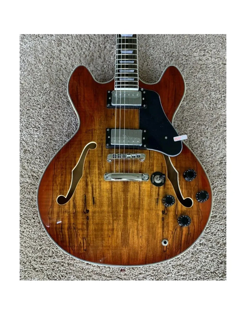 Firefly FF338 Semi-Hollow Electric Guitar, 6-String, Spalted Maple Finish, Brown
