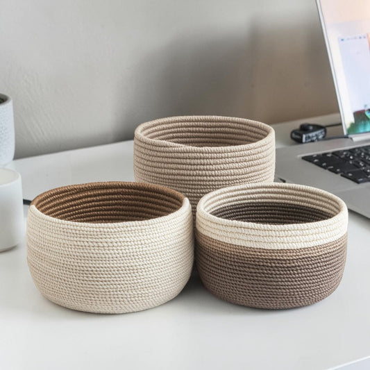Wfkzg Set of 3 Cotton Rope Desktop Baskets - Small Woven Bins for Bathroom, Desk & Nursery Organization - Decorative Storage - Neutral Colors