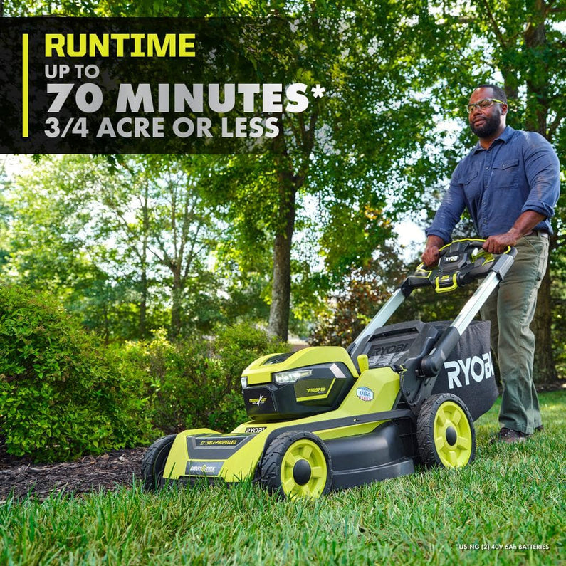 Ryobi 40V HP Brushless 21-in Self-Propelled AWD Lawn Mower Whisper Series ncludes (2) 6.0Ah Batteries and Charger