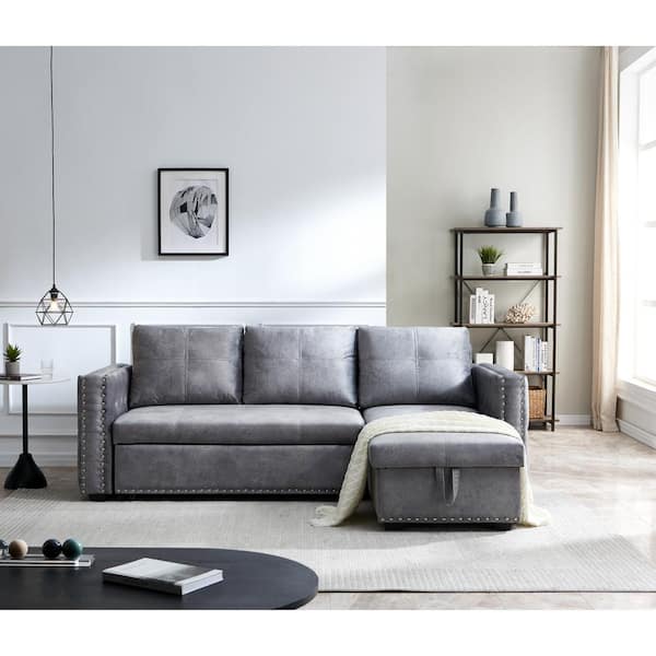 Reversible 90.5in. Gray Velvet Sleeper Sectional Sofa L-Shape 3 Seat Sectional Couch with Storage
