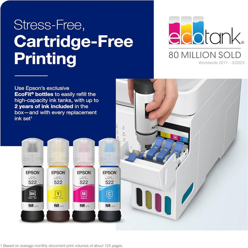 Epson EcoTank ET-4800 Wireless All-in-One Inkjet Printer, White Cartridge-Free, Scanner, Copier, Fax, ADF, Ethernet, Home Office