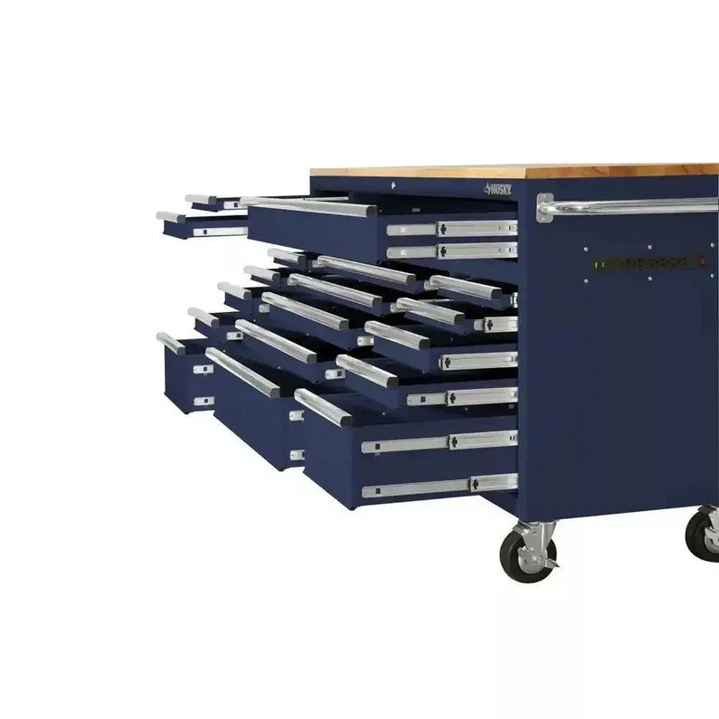 Husky 72 in. 18-Drawer Mobile Workbench with Solid Wood Top in Gloss Blue