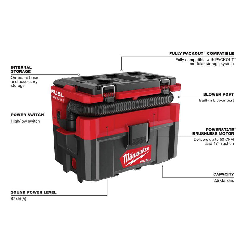 0970-20-48-11-1862 M18 FUEL PACKOUT 18-Volt Lithium-Ion Cordless 2.5 Gal. Wet/Dry Vacuum with (2) M18 HIGH OUTPUT 6.0 Ah Batteries