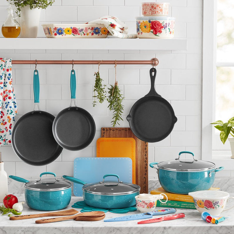The Pioneer Woman Brilliant Blooms 38-Piece Cookware Set, Teal Complete Kitchen Solution with Floral Design