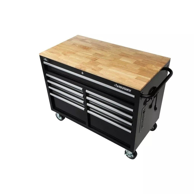 Gloss Black 46 9-Drawer Mobile Tool Chest Workbench with Power Strip & Solid Wood Top