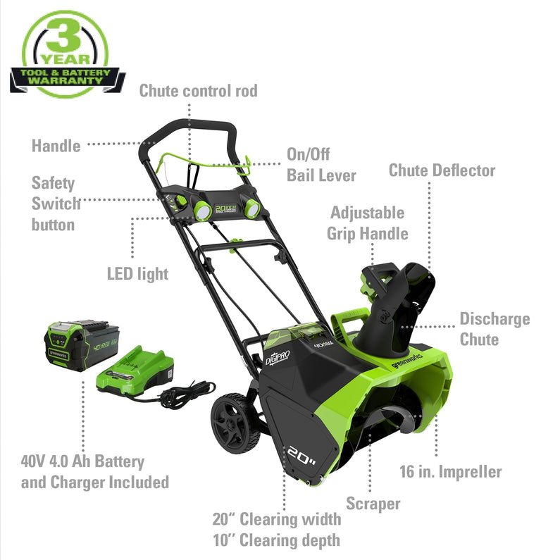Greenworks 40V 20 Cordless Brushless Snow Blower with 4.0 Ah Battery & Charger, LED Lights, 180° Chute