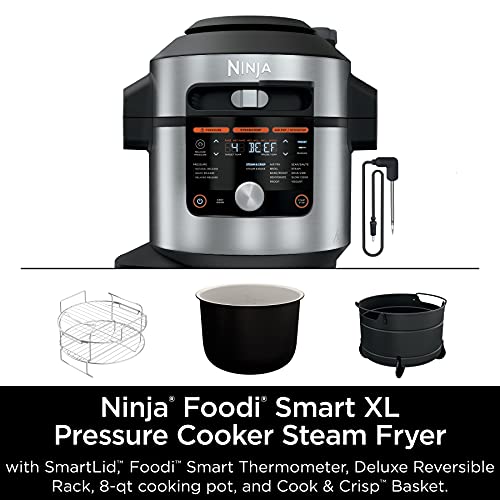 Ninja OL701 Foodi 14 in 1 SMART XL 8 Qt. Pressure Cooker Steam Fryer with SmartLid & Thermometer Auto Steam Release, that Air Fries, Proofs & More, 3 Layer Capacity, 5 Qt. Crisp Basket, Silver/Black