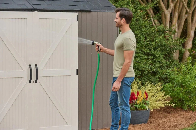 Rubbermaid Resin Outdoor Storage Shed With Floor (7 x 7 Ft) Weather Resistant Gray Organization for Home/Backyard/Garden Tools/Lawn Mower/Bike Storage/Pool Supplies