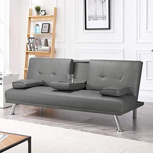 Yaheetech Convertible Sofa Bed Adjustable Couch Sleeper Modern Faux Leather Home Recliner Reversible Loveseat Folding Daybed Guest Bed, Removable Armrests, Cup Holders, 3 Angles, 772lb Capacity, Black