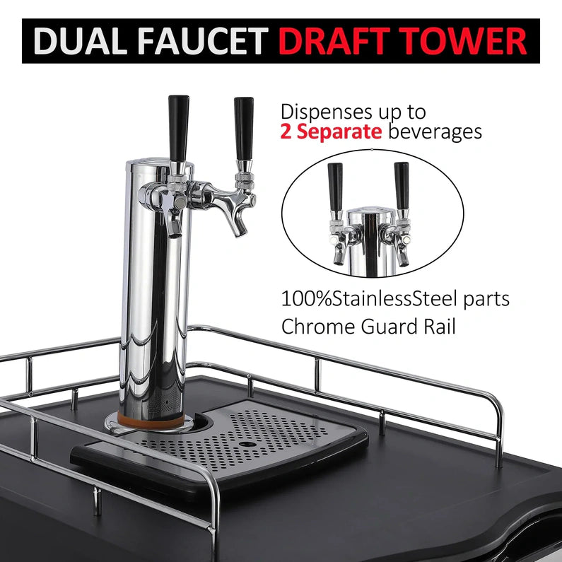 Beer Kegerator, Dual Tap Draft Beer Dispenser, Full Size Stainless Steel Keg Refrigerator With Drip Tray, CO2 Cylinder, 32°F- 50°F Temperature Control, 170L