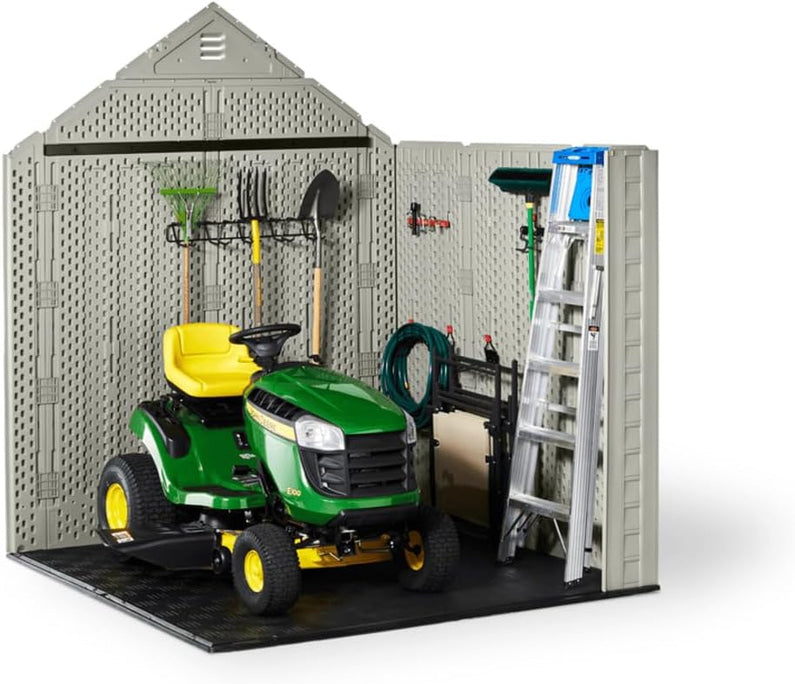 Rubbermaid Resin Outdoor Storage Shed With Floor (7 x 7 Ft) Weather Resistant Gray Organization for Home/Backyard/Garden Tools/Lawn Mower/Bike Storage/Pool Supplies