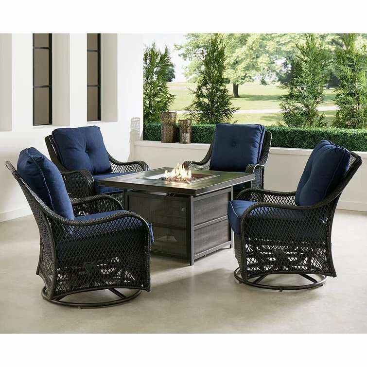 Orleans 5-Piece Steel Patio Fire Pit Conversation Set with Navy Blue Cushions, Swivel Gliders and Square Fire Pit Table