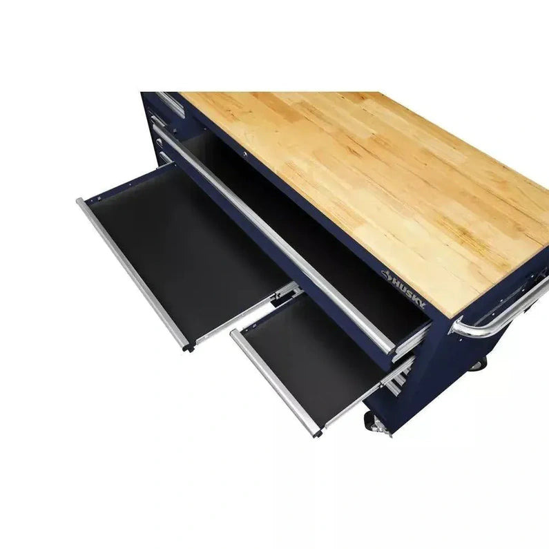 Husky 72 in. 18-Drawer Mobile Workbench with Solid Wood Top in Gloss Blue