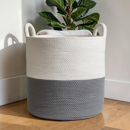 Wfkzg Large Cotton Rope Basket - Woven Laundry Hamper for Nursery & Living Room - Durable, Decorative Organizer with Handles - Grey & White