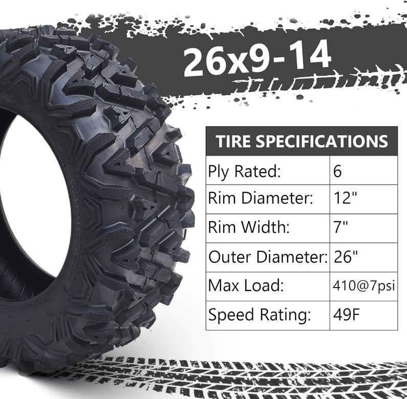 26x12x12 Atv Tires, Set of 2 Atv Tires 26x12-12 6PR, All Terrain Atv/Utv Off-Road Tires, Black