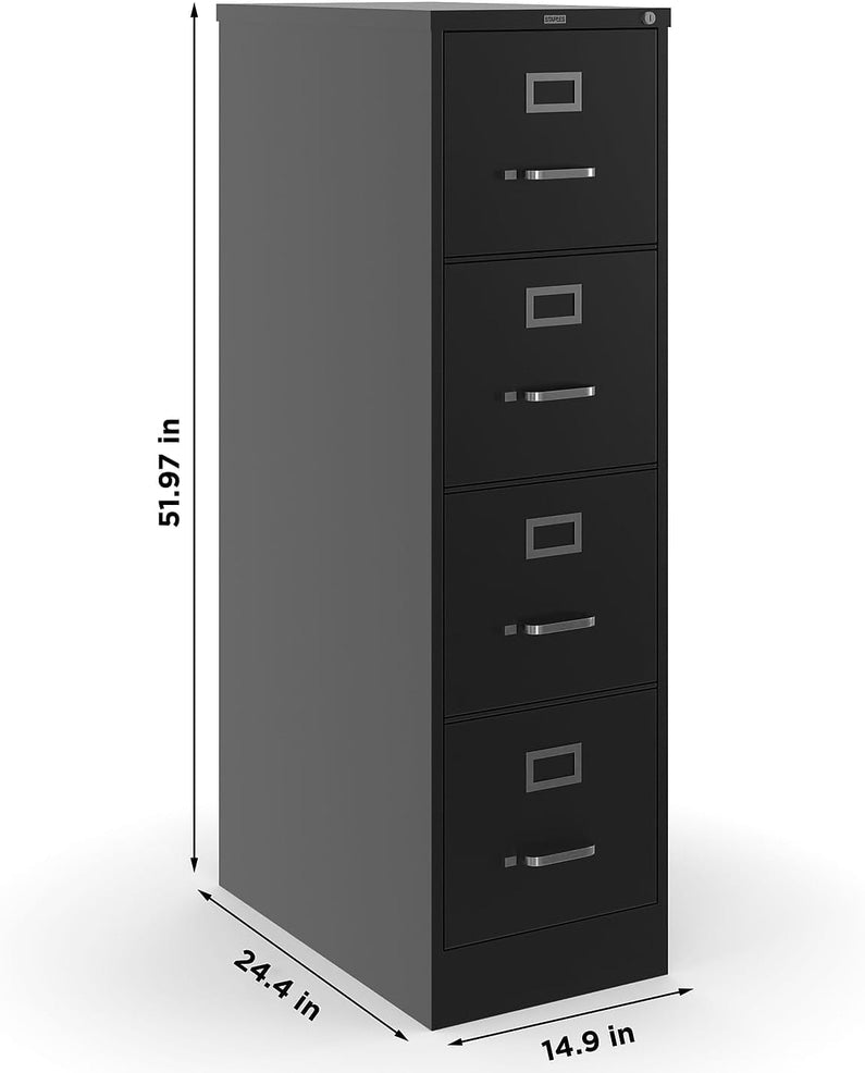 STAPLES 4-Drawer File Cabinet, Lockable, Black, 25"D x 15"W