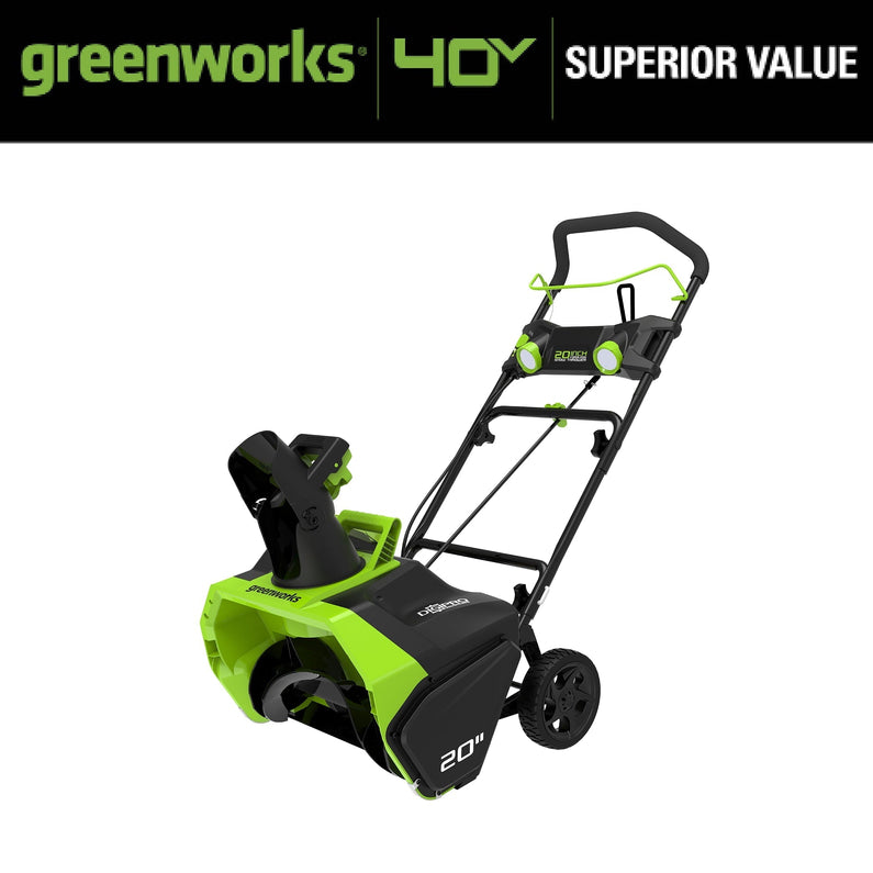 Greenworks 40V 20 Cordless Brushless Snow Blower with 4.0 Ah Battery & Charger, LED Lights, 180° Chute