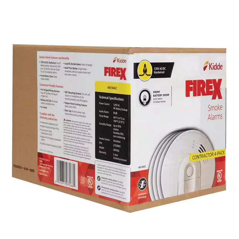 Pack Hardwired Smoke Alarm with Ionization Sensor, 120V AC, 9V Battery Backup