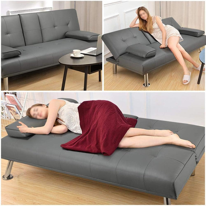 Yaheetech Convertible Sofa Bed Adjustable Couch Sleeper Modern Faux Leather Home Recliner Reversible Loveseat Folding Daybed Guest Bed, Removable Armrests, Cup Holders, 3 Angles, 772lb Capacity, Black