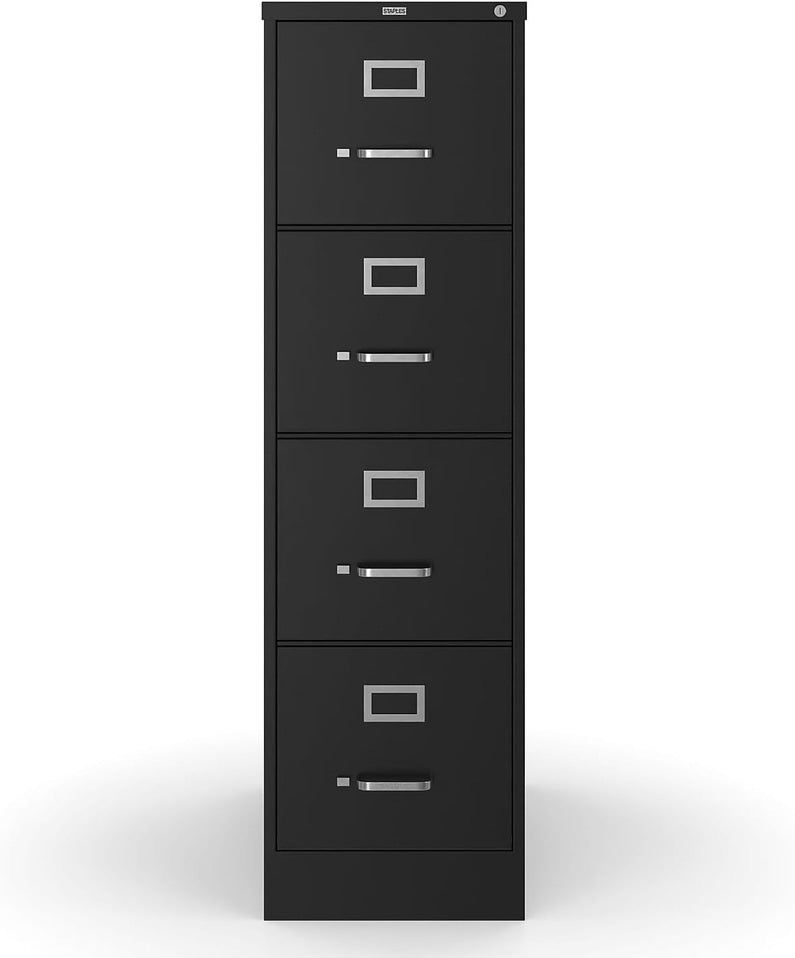STAPLES 4-Drawer File Cabinet, Lockable, Black, 25"D x 15"W