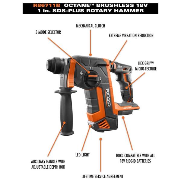 RIDGID 18-Volt OCTANE Cordless Brushless 1 in. SDS-Plus Rotary Hammer (Tool Only) R86711B