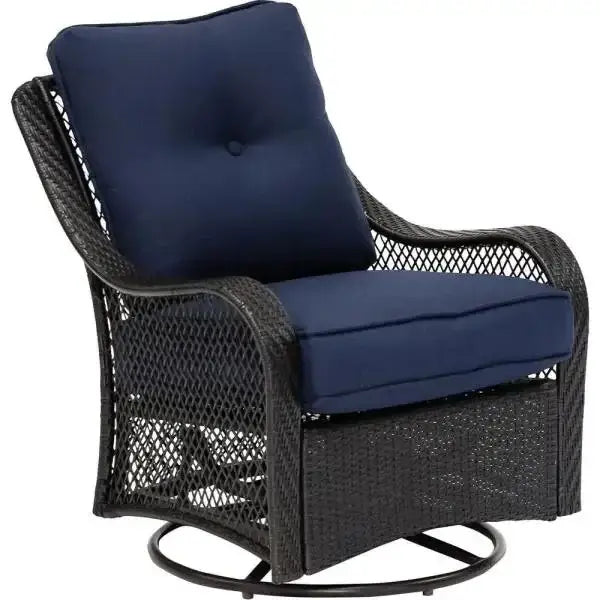 Orleans 5-Piece Steel Patio Fire Pit Conversation Set with Navy Blue Cushions, Swivel Gliders and Square Fire Pit Table