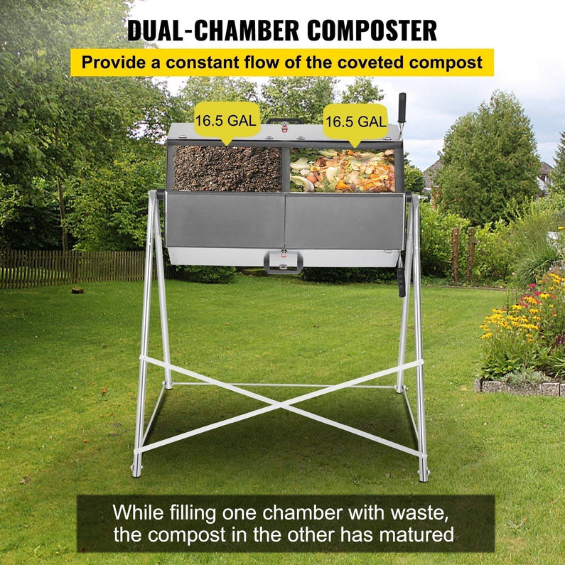 Premium 33 Gallon Steel Outdoor Compost Tumbler Bin With Dual-Chamber