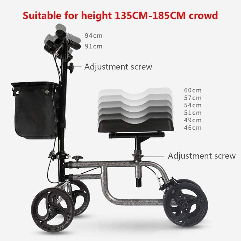 4 Wheels Knee Scooter Walker, All Terrain Rolling Steerable Adjusted Height Walking Aid with Storage Bags
