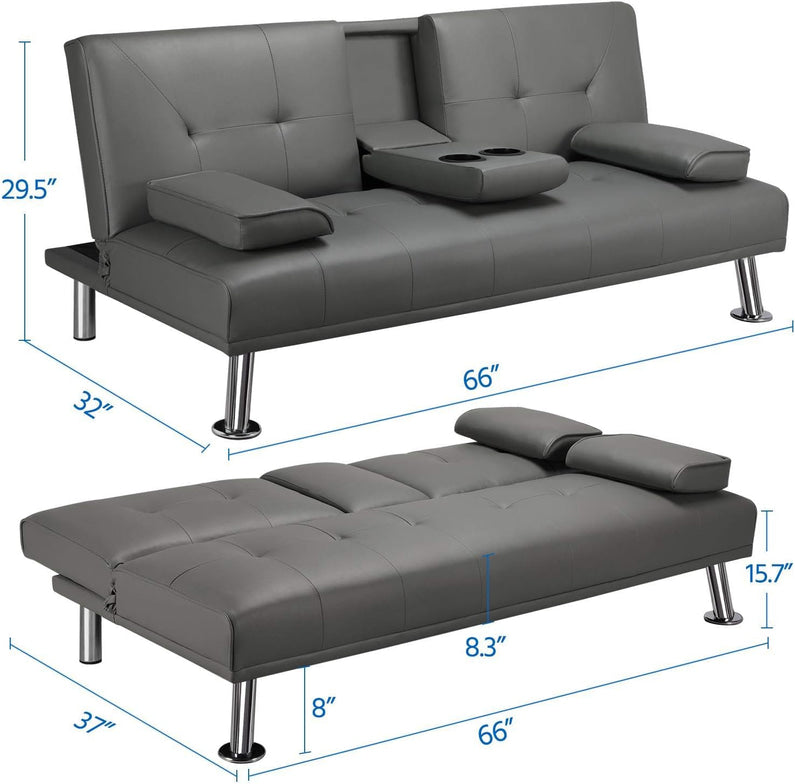 Yaheetech Convertible Sofa Bed Adjustable Couch Sleeper Modern Faux Leather Home Recliner Reversible Loveseat Folding Daybed Guest Bed, Removable Armrests, Cup Holders, 3 Angles, 772lb Capacity, Black