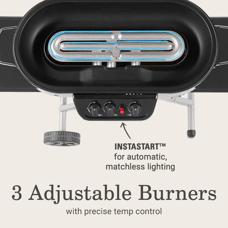 RoadTrip Portable Stand-Up Propane Grill with 3 Adjustable Burners & Instastart Ignition, 20,000 BTUs of Power for Outdoor Cooking