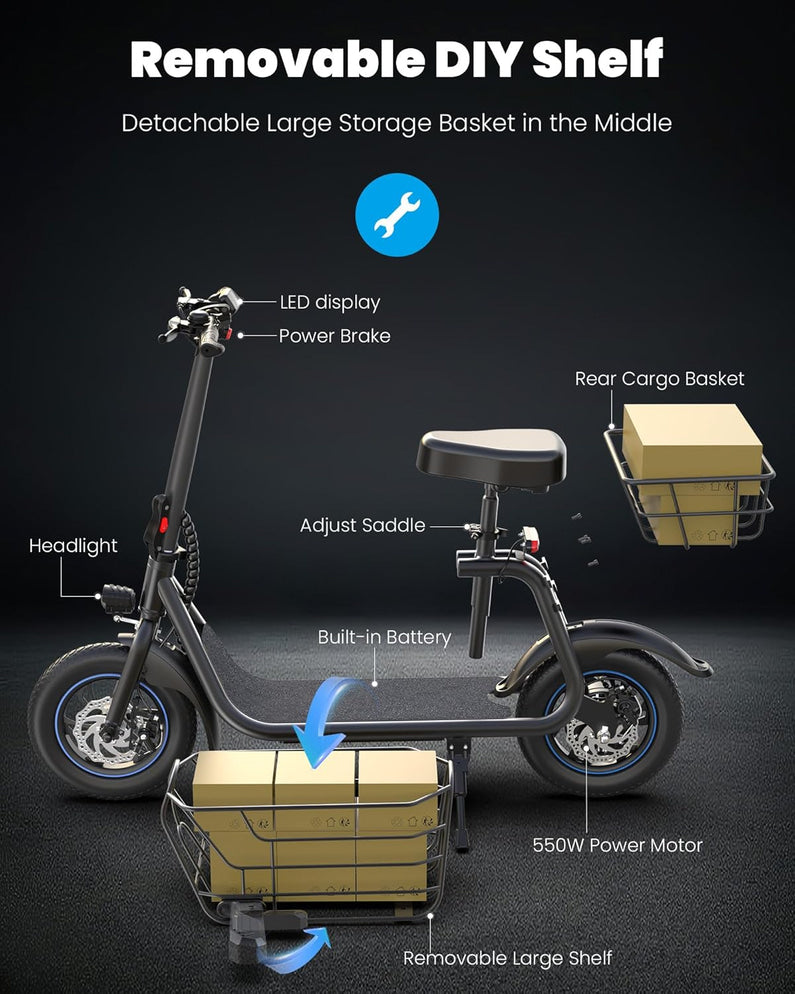 Electric Scooter with Large Basket, 550W Motor
