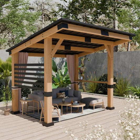 10x12FT Heavy Duty Premium Outdoor All-Season Wooden Cedar Hardtop Gazebo With Metal Roof & Back Curtains (SAK57184)