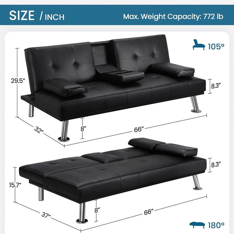 Yaheetech Convertible Sofa Bed Adjustable Couch Sleeper Modern Faux Leather Home Recliner Reversible Loveseat Folding Daybed Guest Bed, Removable Armrests, Cup Holders, 3 Angles, 772lb Capacity, Black