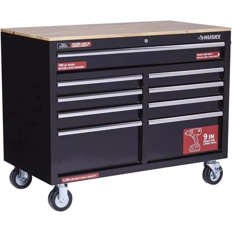 Gloss Black 46 9-Drawer Mobile Tool Chest Workbench with Power Strip & Solid Wood Top