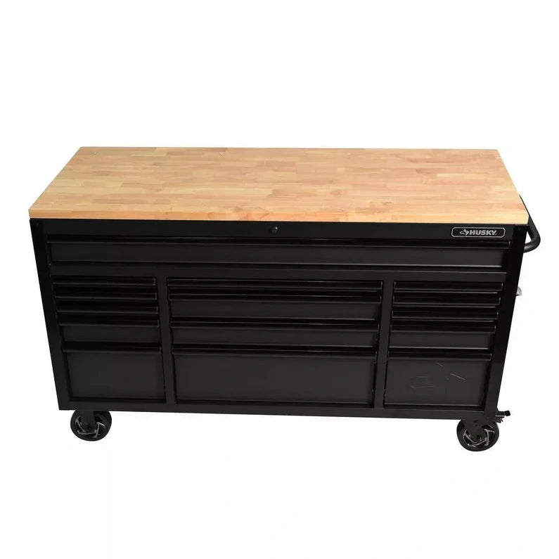 Heavy Duty 61 in. W x 23 in. D 15-Drawer Mobile Workbench with Solid Wood Top