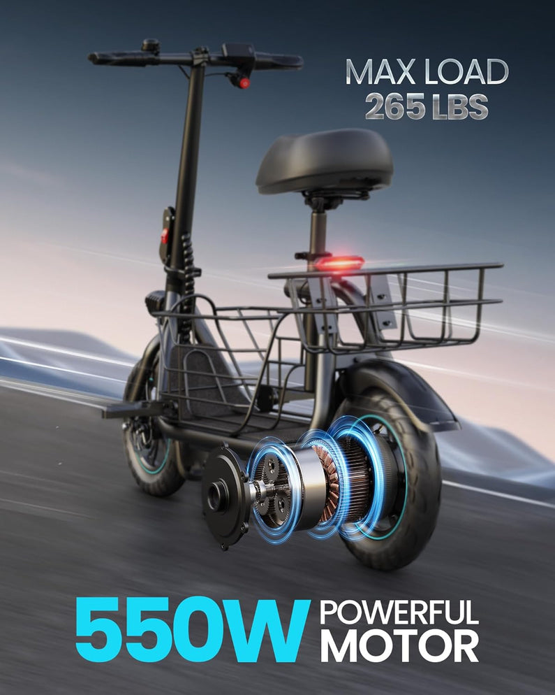 Electric Scooter with Large Basket, 550W Motor
