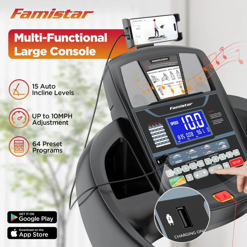 Famistar Folding Treadmill for Home with 15 Levels Auto Incline, 300LB Capcity, 10MPH Fast Speed Controls