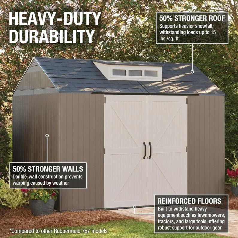 Rubbermaid Resin Outdoor Storage Shed With Floor (7 x 7 Ft) Weather Resistant Gray Organization for Home/Backyard/Garden Tools/Lawn Mower/Bike Storage/Pool Supplies