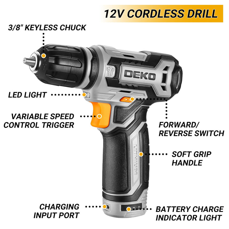Tool Kit Box Drill Set: DEKOPRO Home Mechanic Toolbox with 12V Power Cordless Drill