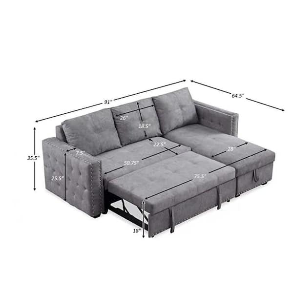 Reversible 90.5in. Gray Velvet Sleeper Sectional Sofa L-Shape 3 Seat Sectional Couch with Storage