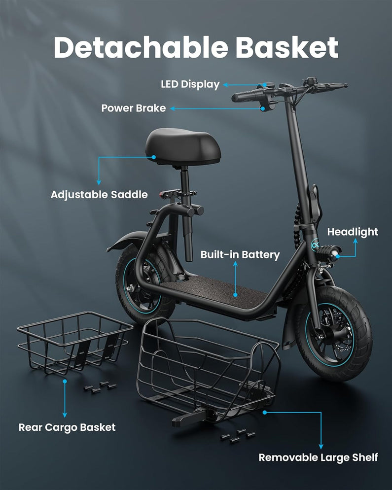 Electric Scooter with Large Basket, 550W Motor