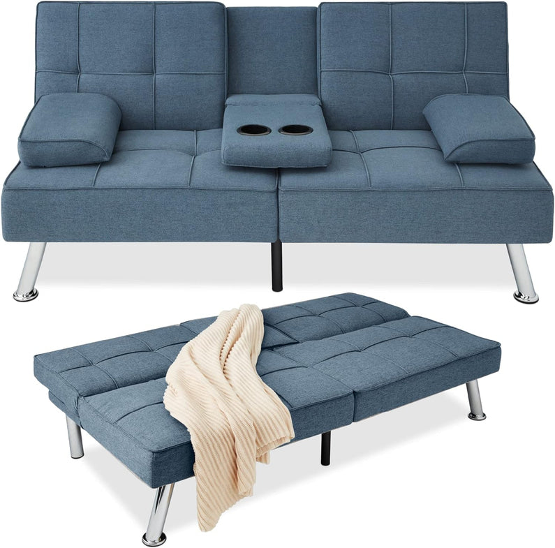 Best Choice Products Linen Upholstered Modern Convertible Folding Futon Sofa Bed for Compact Living Space, Apartment, Dorm, Bonus Room w/Removable Armrests, Metal Legs, 2 Cupholders - Gray