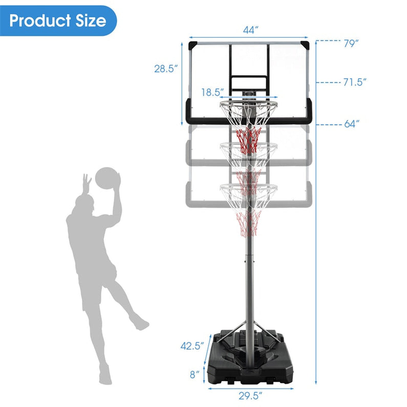 Portable Outdoor Basketball Hoop 64''-79'' Adjustable Poolside Basketball Goal System with 44" Backboard Wheeled Fillable Base