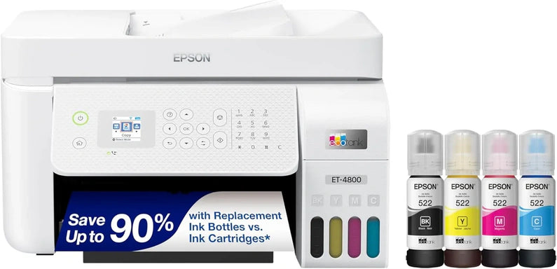 Epson EcoTank ET-4800 Wireless All-in-One Inkjet Printer, White Cartridge-Free, Scanner, Copier, Fax, ADF, Ethernet, Home Office