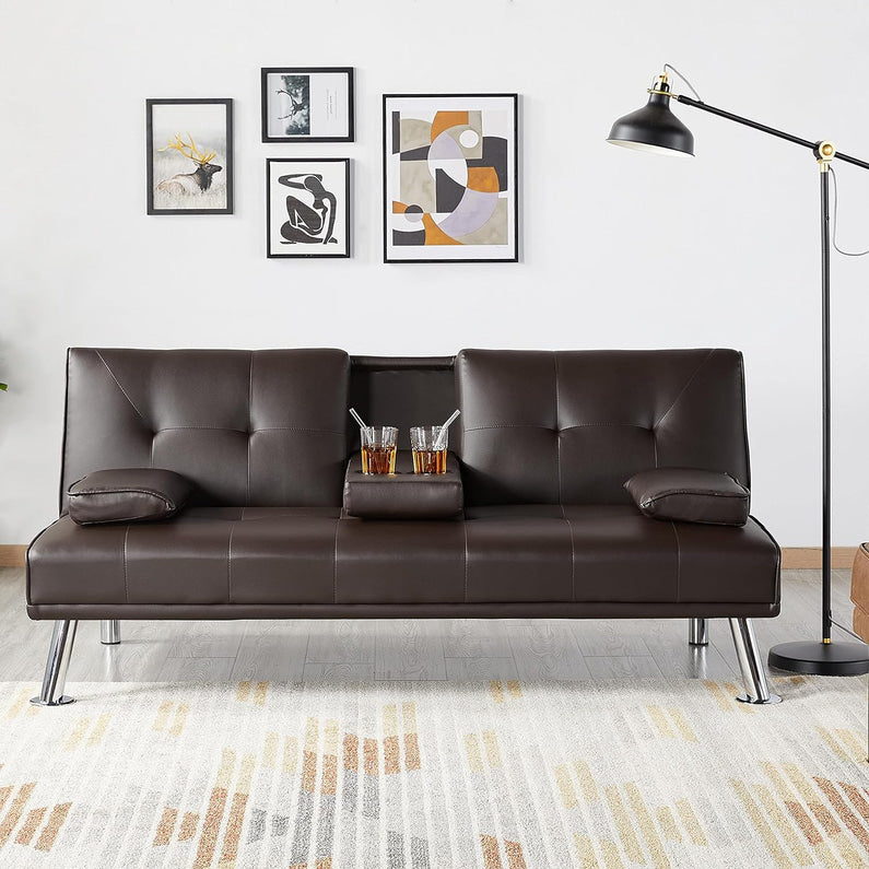 Yaheetech Convertible Sofa Bed Adjustable Couch Sleeper Modern Faux Leather Home Recliner Reversible Loveseat Folding Daybed Guest Bed, Removable Armrests, Cup Holders, 3 Angles, 772lb Capacity, Black