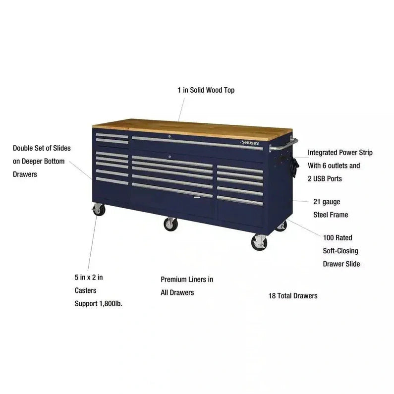 Husky 72 in. 18-Drawer Mobile Workbench with Solid Wood Top in Gloss Blue