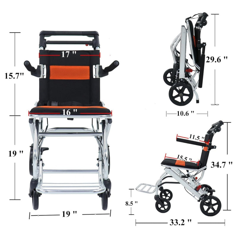Ultra-Light Portable Folding Wheelchair, Travel-Friendly with Handbrake, 220 lbs Capacity, Ideal for Elderly & Children, 34.2×32.6 Unfolded Dimensions