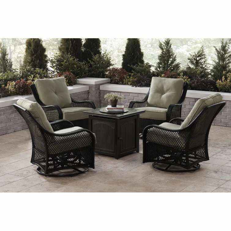 Orleans 5-Piece Steel Patio Fire Pit Conversation Set with Navy Blue Cushions, Swivel Gliders and Square Fire Pit Table